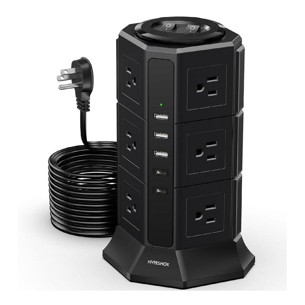 12-Outlet Power Strip Tower Surge Protector w/ 3-USB-A, 2 USB-C and 10 ft. Flat Plug Cord for Desk, Dorm, Office, Black price history on PriceWatchPro