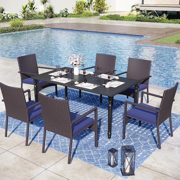 PHI VILLA Black 7-Piece Metal Patio Outdoor Dining Set with Rectangle Slat Table and Rattan Chair with Blue Cushion