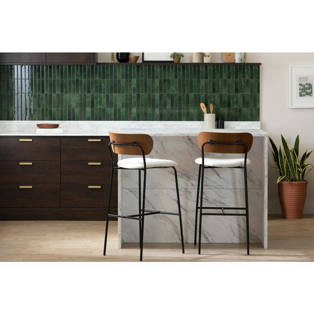 Cream and Brown Mid-Century Modern Bar Stool with Metal Frame