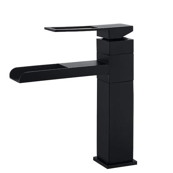 ATKING Stainless Steel Single Handle Single Hole Waterfall Bathroom Faucet in Matte Black