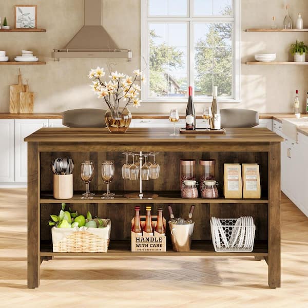 Keenyah Brown Wood 59 in. Kitchen Island with Storage,Farmhouse Stationary Island Table,Coffee Bar Table Storage Cabinet