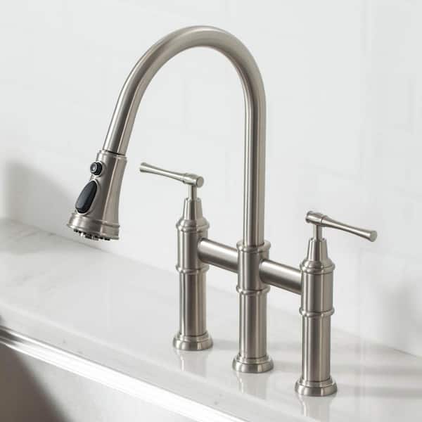 Allyn Transitional 2-Handle Bridge Kitchen Faucet with Pull-Down Sprayhead in Spot Free Stainless Steel Allyn Transitional 2-Handle Bridge Kitchen Faucet with Pull-Down Sprayhead in Spot Free Stainless Steel