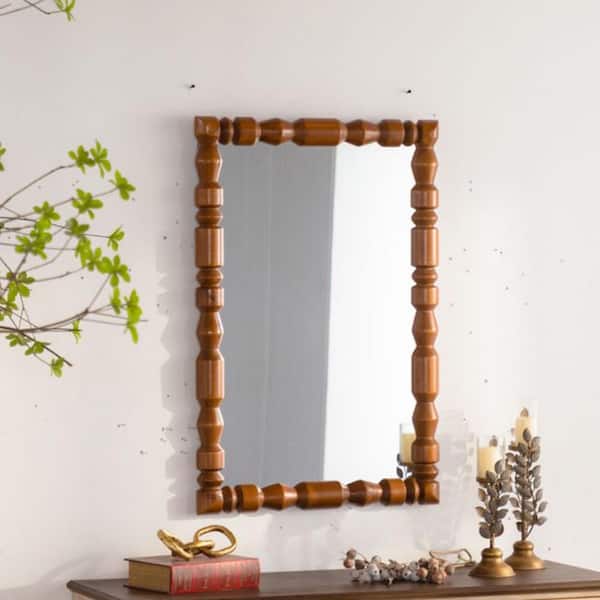 Ulwick 35.43 in. W x 23.62 in. H Vintage Rectangle Decorative Column Brown Wood Frame Carved Wall Mirror