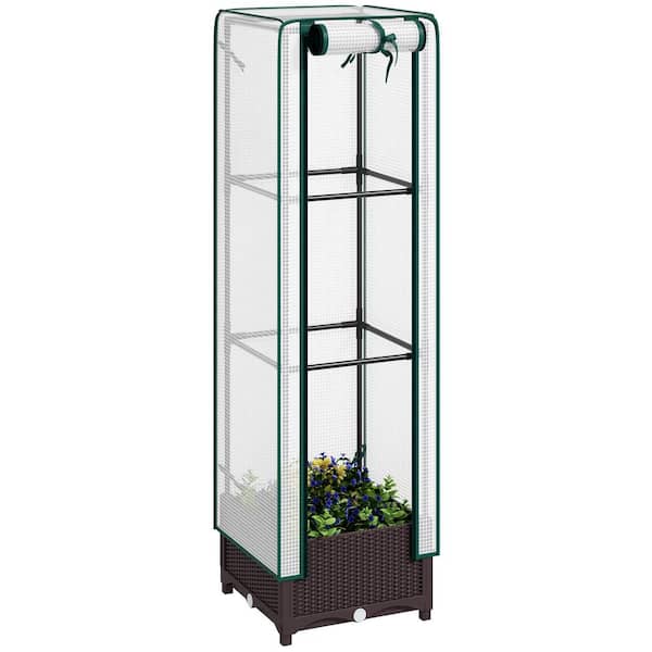 Plastic Raised Garden Bed with Trellis, Outdoor Planter Box with PE Greenhouse Cover, 15 in. x 15 in. x 7.1 in., Brown