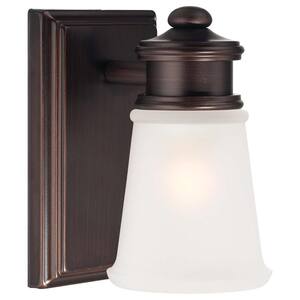1-Light Dark Brushed Bronze Vanity Light with Etched White Glass