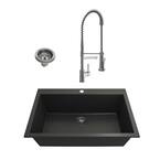 Campino Uno Matte Black Granite Composite 33 in. Single Bowl Drop-In/Undermount Kitchen Sink withFaucet