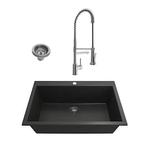 Campino Uno Matte Black Granite Composite 33 in. Single Bowl Drop-In/Undermount Kitchen Sink withFaucet