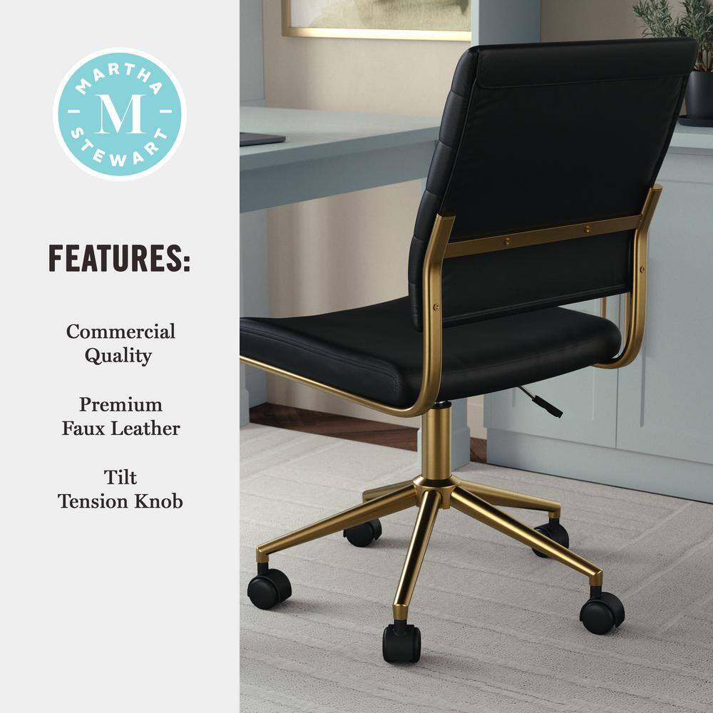 Black Faux Leather Armless Swivel Office Chair with Brass Frame
