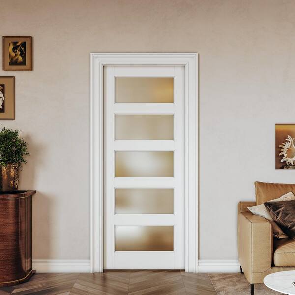 30" X 80" Sliding Pocket Door, 5-Panel Frosted Glass With Frame And