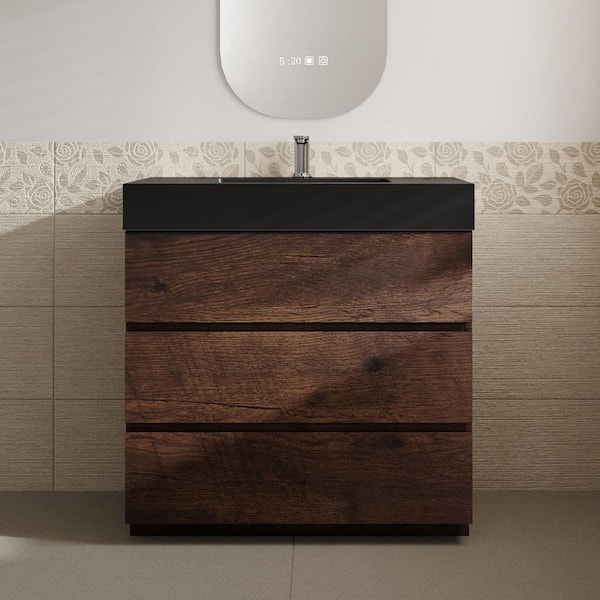 Aaby 36 in. W x 18 in. D x 37 in. H Bath Vanity Cabinet in Brown with Black Quartz Top and Sink