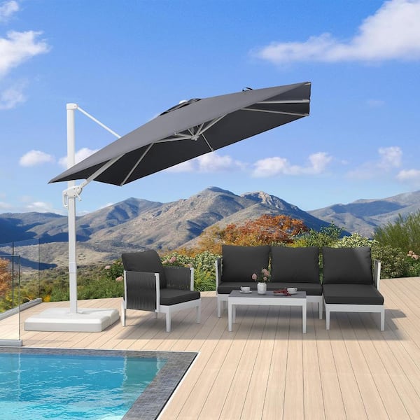 PURPLE LEAF 9 ft. Square Outdoor Patio Cantilever Umbrella White Aluminum Offset 360° Rotation Umbrella with Base, Light Gray
