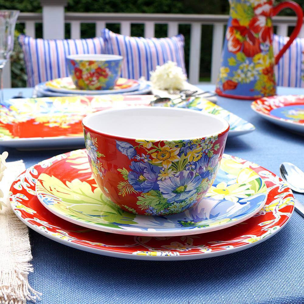 Blossom Blue and Red Floral Ceramic Dessert Bowls Set of 4