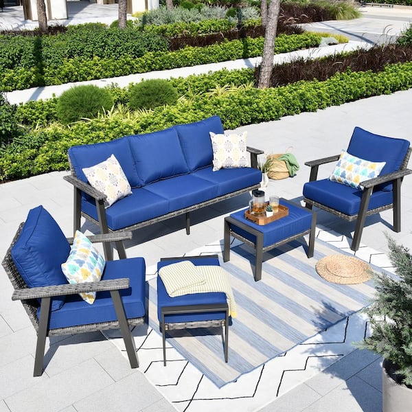 HOOOWOOO Walden Grey 5-Piece Wicker Metal Outdoor Patio Conversation Sofa Seating Set with Navy Blue Cushions