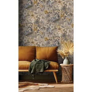 Navy Flowers and Peacock in Distressed Concrete Shelf Liner Wallpaper (57 sq. ft) Double Roll