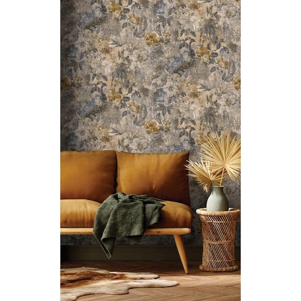 Walls Republic Navy Flowers and Peacock in Distressed Concrete Shelf Liner Wallpaper (57 sq. ft) Double Roll