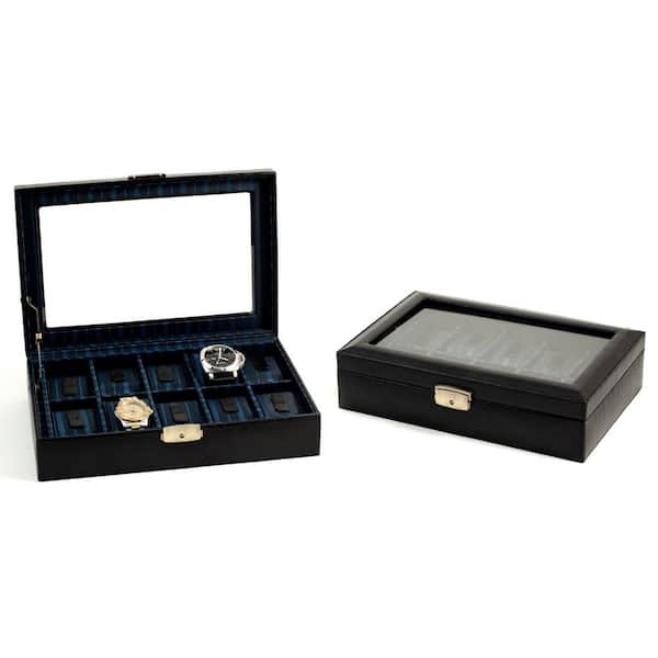 BEY-BERK 12 in. D x 3 in. H x 8 in. W Leather Watch Case in Black