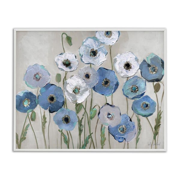 Round Blue and White Poppies by Sally Swatland White Framed Nature Giclee Art Print 16 in. x 20 in.