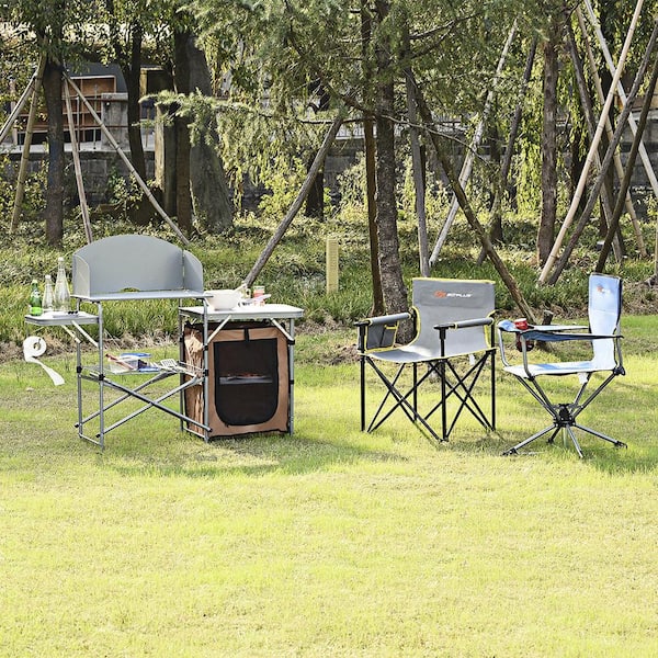 Costway Folding Portable Aluminum Camping Grill Table w/ Storage Organizer  Windscreen Grey