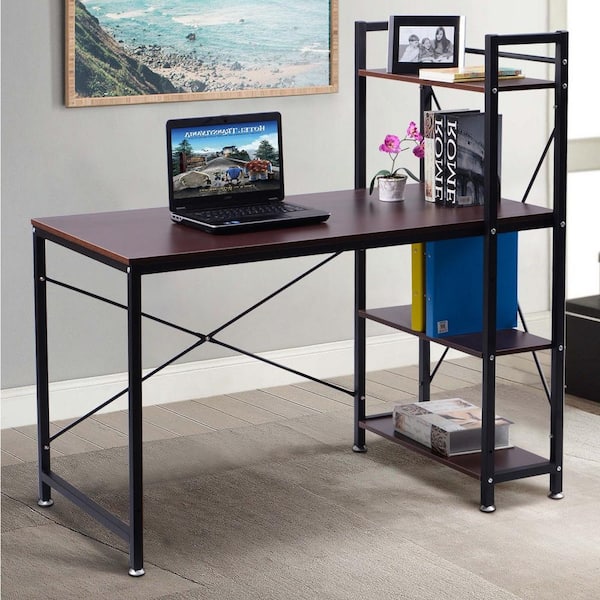 Costway 47.5 Computer Desk Writing Desk Study Table Workstation With  4-Tier Shelves Brown 