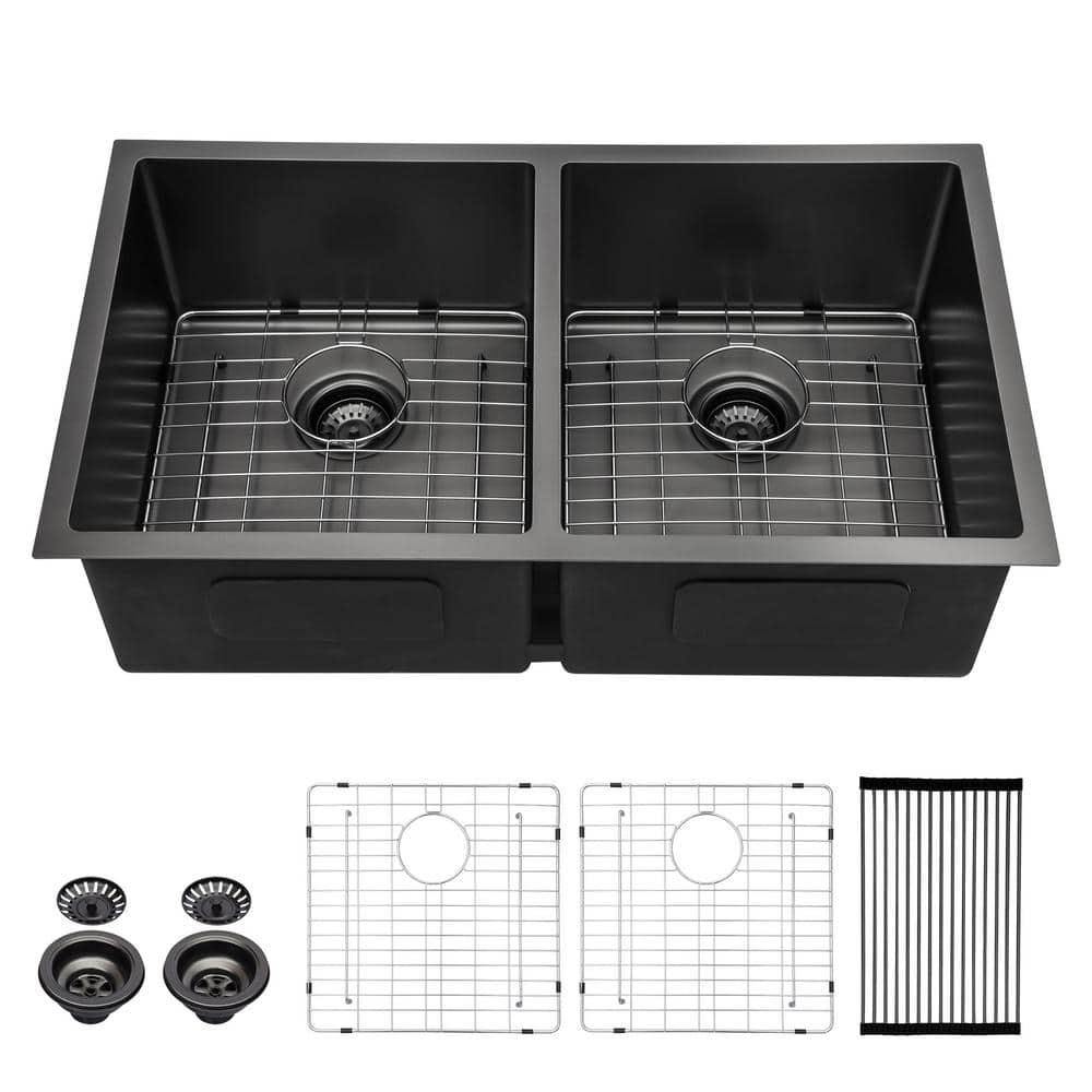 Gunmetal Black 16-Gauge Stainless Steel 33 in. Double Bowl 50/50 Round Angle Undermount Kitchen Sink -  Logmey, H-LUB3319R2-55