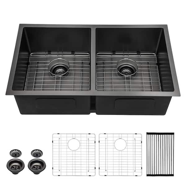 Logmey Gunmetal Black 16-Gauge Stainless Steel 33 in. Double Bowl 50/50 Round Angle Undermount Kitchen Sink