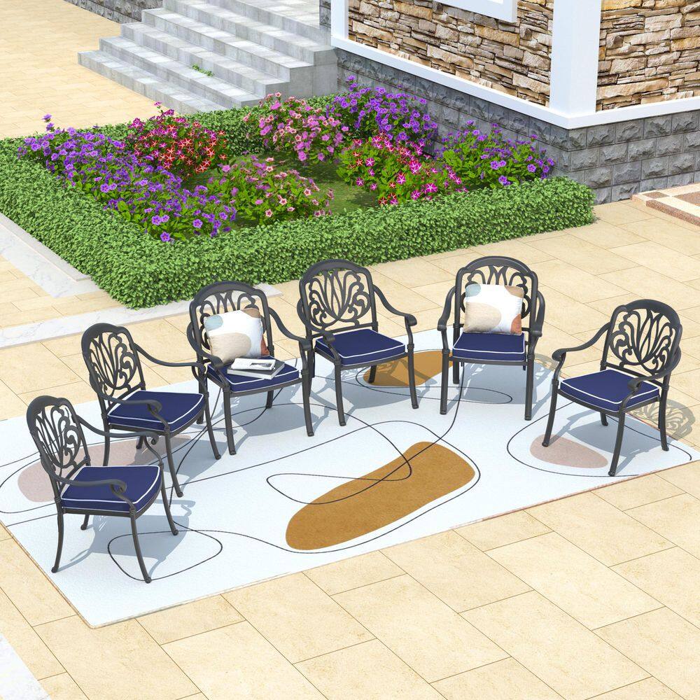 Matte Black Cast Aluminum Dining Chairs with Cushions, Set of 6