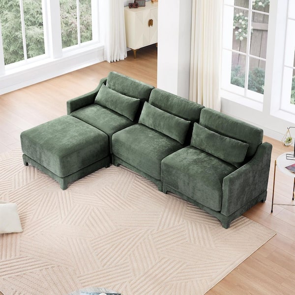 XGMDZB 61 in. Straight Arm 4-Piece Chenille Modular Sectional Sofa with Comfort and 3-Seater and Ottoman in Forest Green