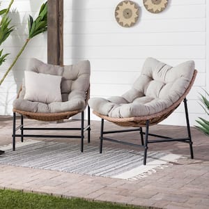 Papasan Rattan Removable Cushions Metal Outdoor Patio Lounge Chairs with Natural Cushions (Set of 2)