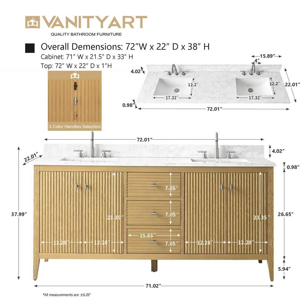 72" Natural Oak Double Sink Vanity with Marble Top
