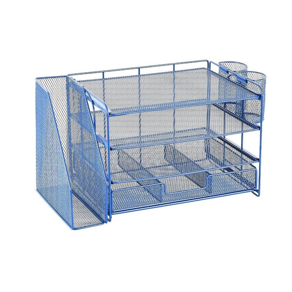 Dark Blue 15.3 in. x 9 in. Metal Modern Desk Organizers with Drawer and 2 Pen Holders