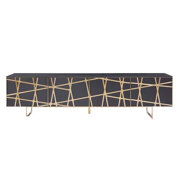 Benjara 87 in. Black and Gold Wood TV Stand Fits TVs up to 88 in. with 4 Doors
