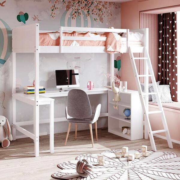 twin wooden loft bed with desk