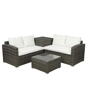 4-Piece Gray Wicker Outdoor Pation Conversation Sofa Set with Beige Cushion