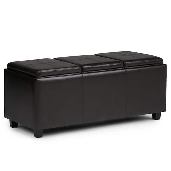 Simpli Home Avalon 42 in. Wide Contemporary Rectangle Storage Ottoman in Tanners Brown Vegan Faux Leather