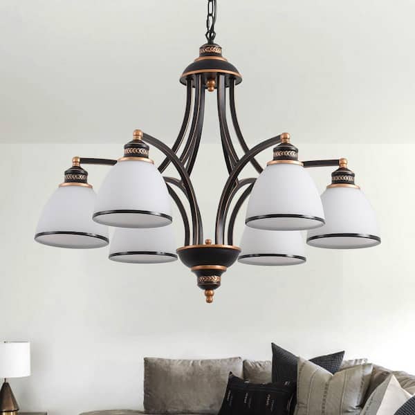 6-Light Farmhouse Oil Rubbed Bronze Chandelier with Frosted White Glass Shades for Dining Room Bedroom