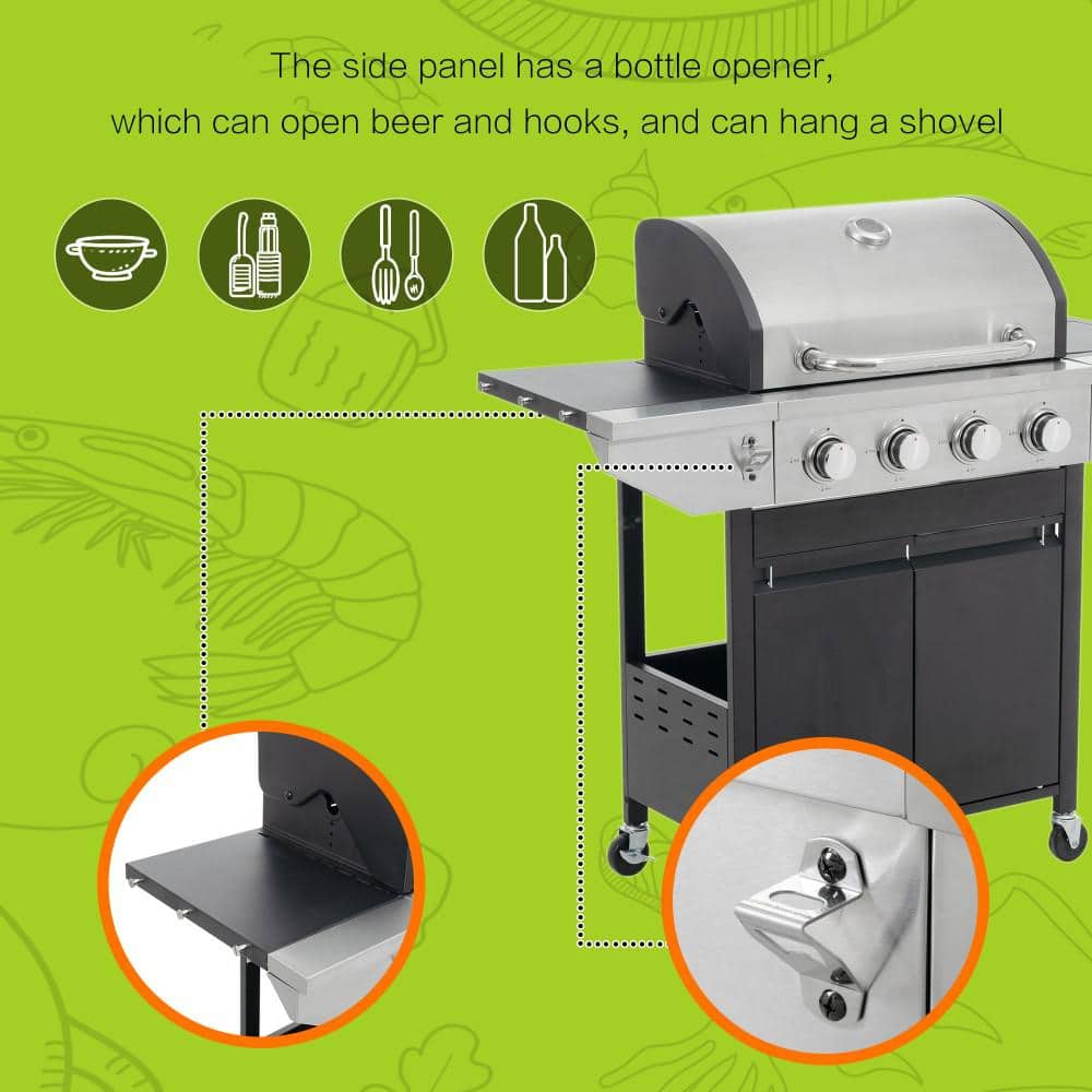 Stainless Steel 4-Burner Propane Gas Grill with Side Burner