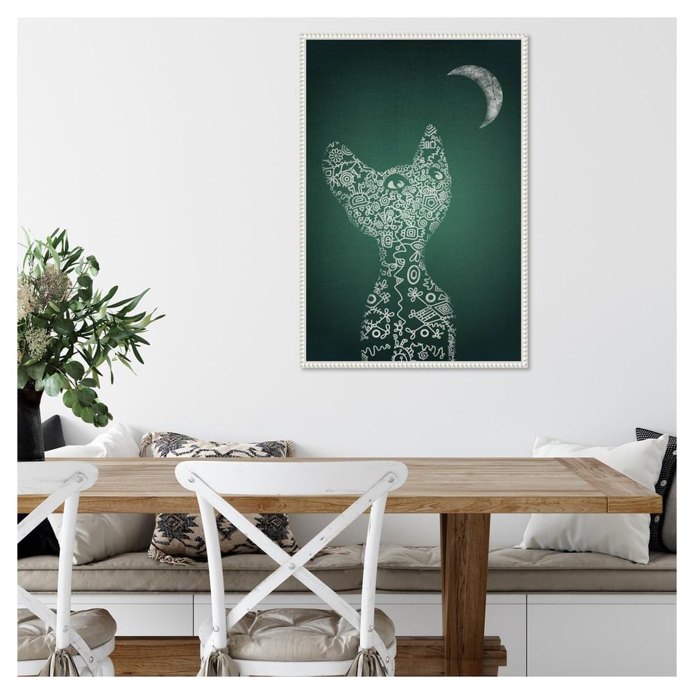Emerald Abstract Cat and Moon Beaded Canvas Wall Art