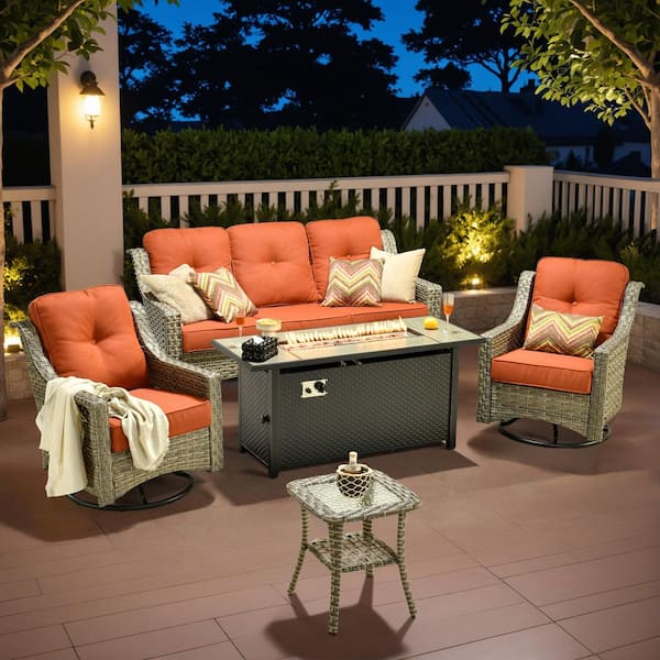 Tulip O 5-Piece Wicker Patio Conversation Seating Set with Fire Pit and Red Cushions
