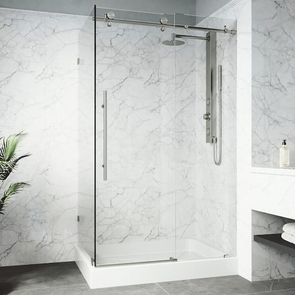 VIGO Elan E-Class 36 in. L x 48 in. W x 82 in. H Frameless Sliding Shower Enclosure Kit in Stainless Steel with Clear Glass