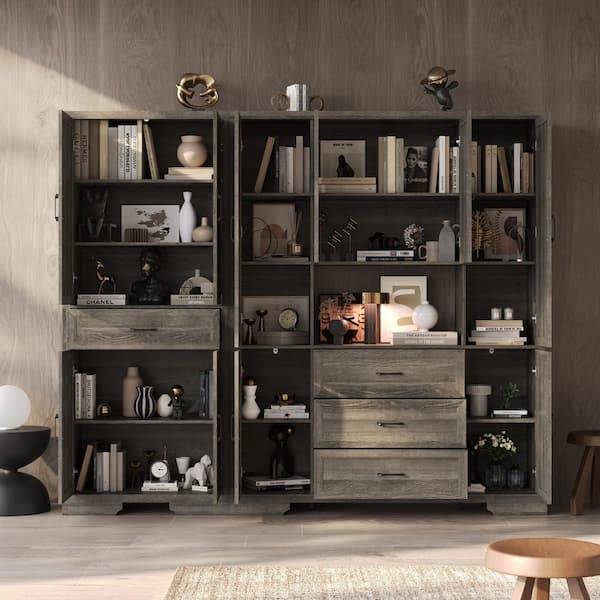 78.7 in. Tall Gray Oak Wood 18-Shelf Contemporary Bookcase with Storage Drawers, Anti-Tip Kit and Cable Management