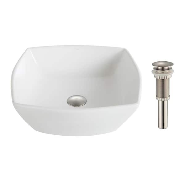 KRAUS Elavo Flared Square Ceramic Vessel Bathroom Sink in White with Pop Up Drain in Brushed Nickel