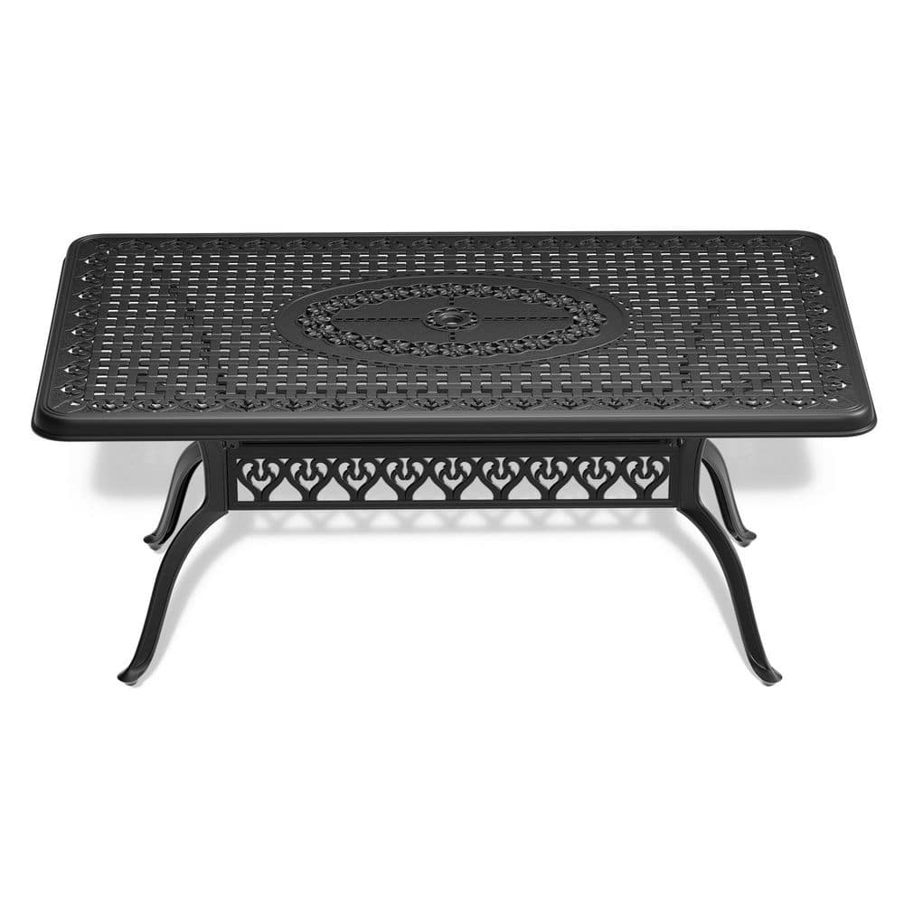 Black Cast Aluminum Outdoor Patio Dining Table With Umbrella Hole