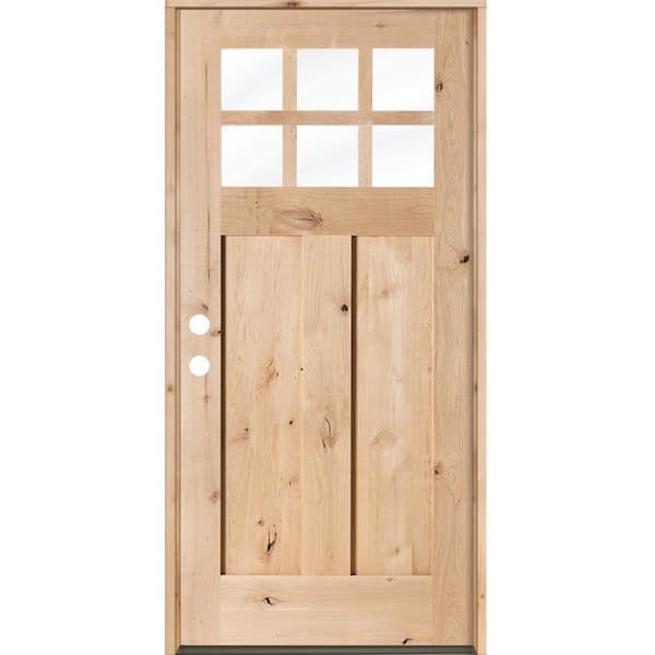 36 in. x 80 in. Craftsman Knotty Alder Right-Hand/Inswing 6 Lite Beveled Clear Glass Unfinished Wood Prehung Front Door
