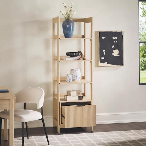 Modern 70 in. Tall Coastal Oak Wood 4-Shelf Bookcase with Reeded Drawer and Open Back
