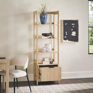 Modern 70 in. Tall Coastal Oak Wood 4-Shelf Bookcase with Reeded Drawer and Open Back