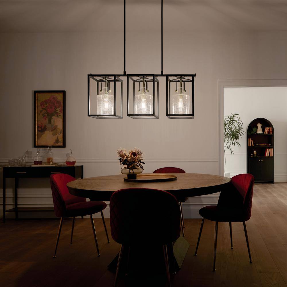 Natural Brass and Black 3-Light Linear Chandelier with Clear Seeded Glass