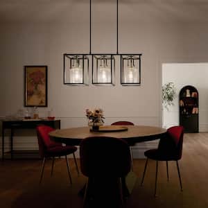 Kitner 42 in. 3-Light Black with Natural Brass Vintage Industrial Linear Cage Chandelier for Dining Room