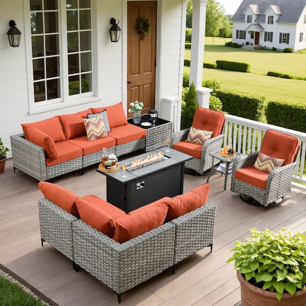 HOOOWOOO Holston 11-Piece Wicker Outdoor Patio Conversation Sofa Set with a Metal Fire Pit, Swivel Chairs and Red Cushions