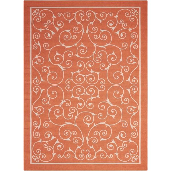 Nourison Home and Garden Pavilion Orange 8 ft. x 11 ft. Floral Transitional Indoor/Outdoor Patio Area Rug