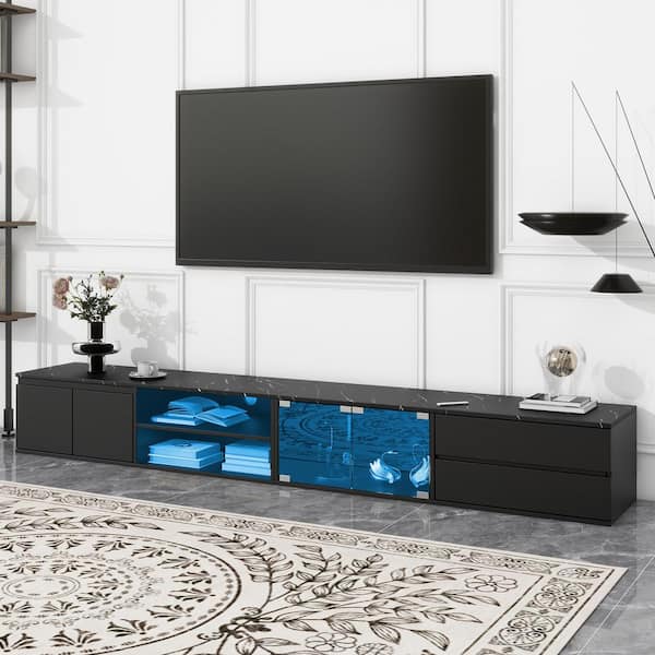 Harper & Bright Designs Black Modern LED TV Stand Fits TVs up to 105 in. with Faux Marble Tabletop, Tempered Glass Doors, 2-Drawers and Cabinet